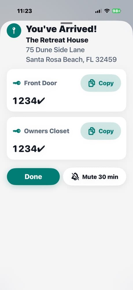 KeyCodeNavigator showing a property's door codes on arrival